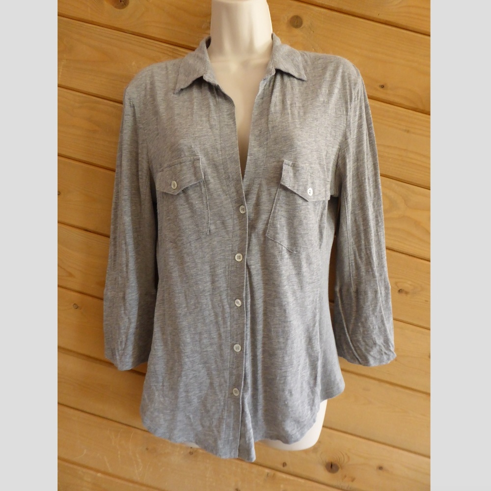 James Perse Gray Sheer Slub Side Panel Shirt Button Front Stretchy Top 3 (L)